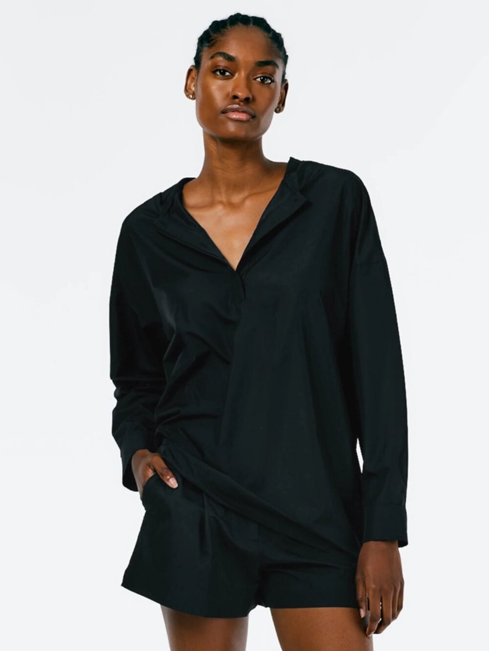 Tibi Italian Sporty Nylon Hoodie With Cocoon Back in Black, Size XL